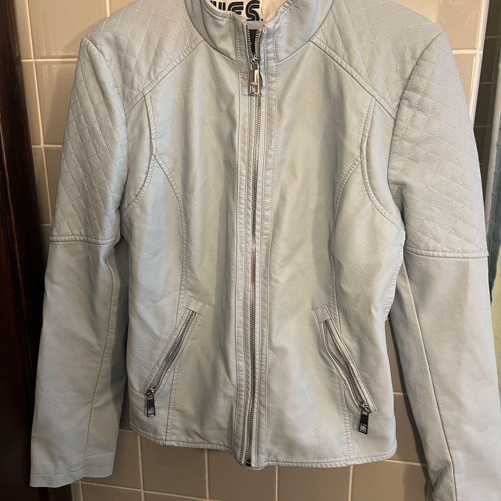 Guess Blue Leather Moto Jacket with Stand-Up Collar
